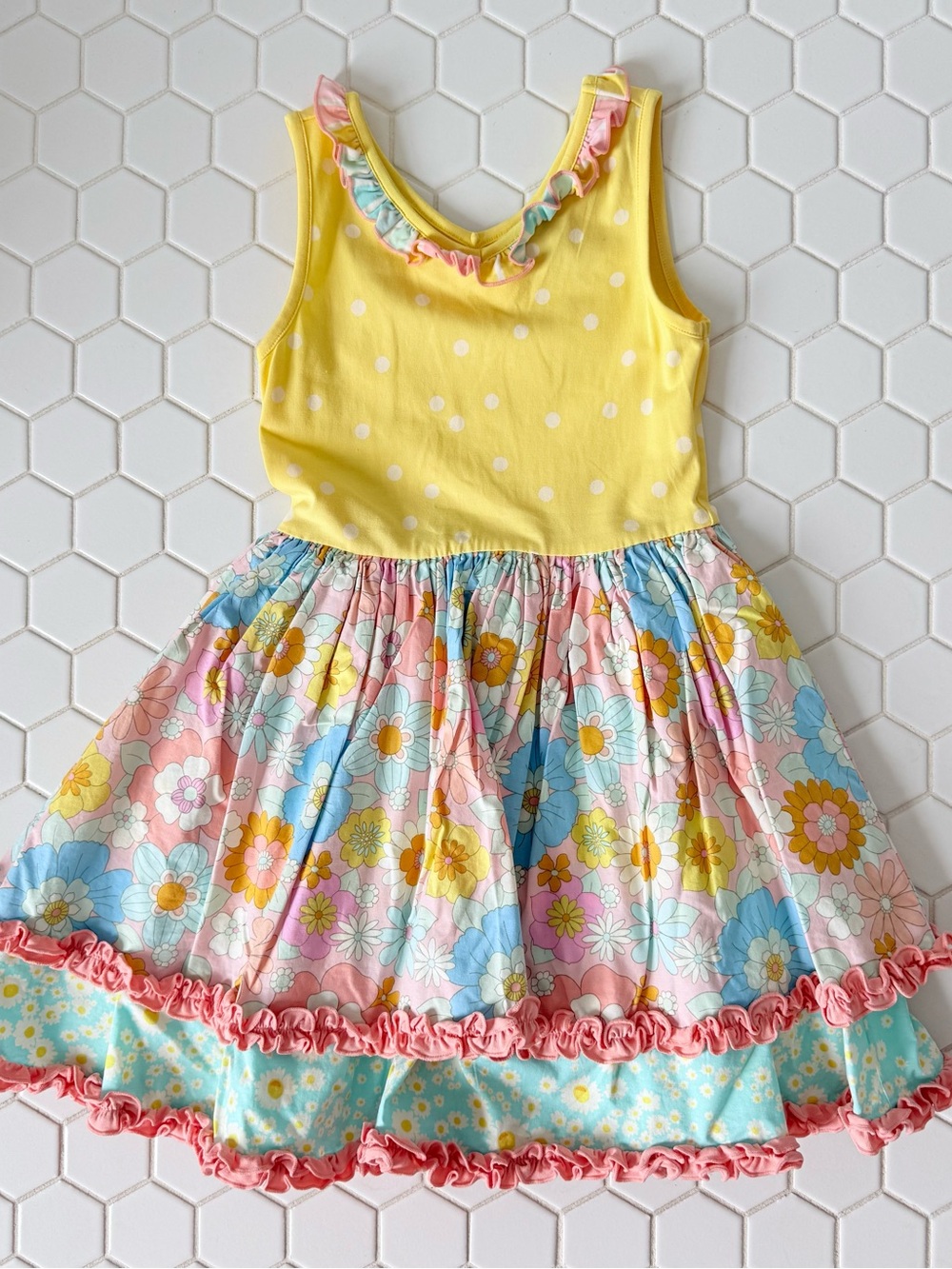 Matilda Jane Yellow Polka Dot Tank Dress with Pastel Floral Skirt